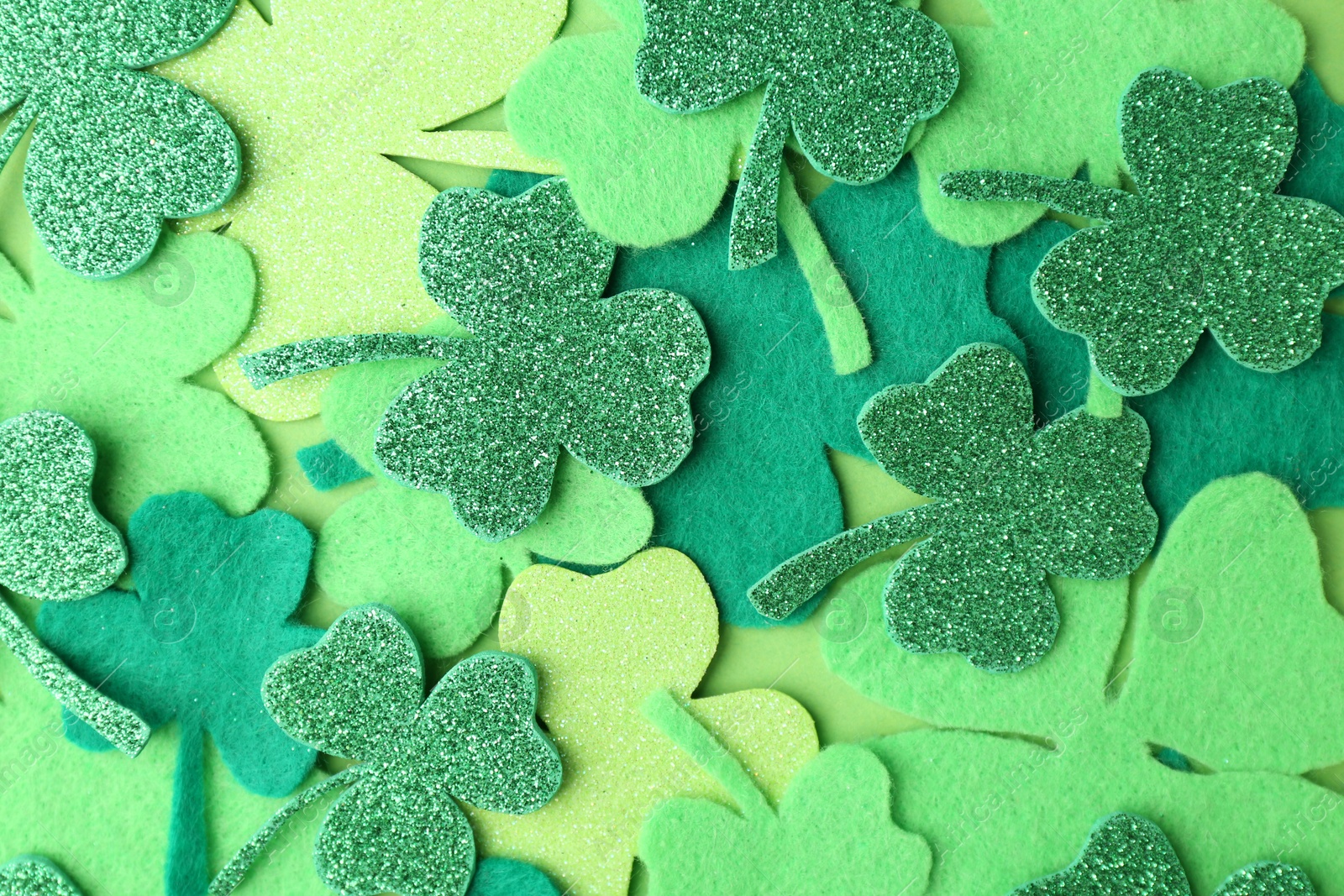 Photo of St. Patrick's day. Decorative clover leaves on green background, top view