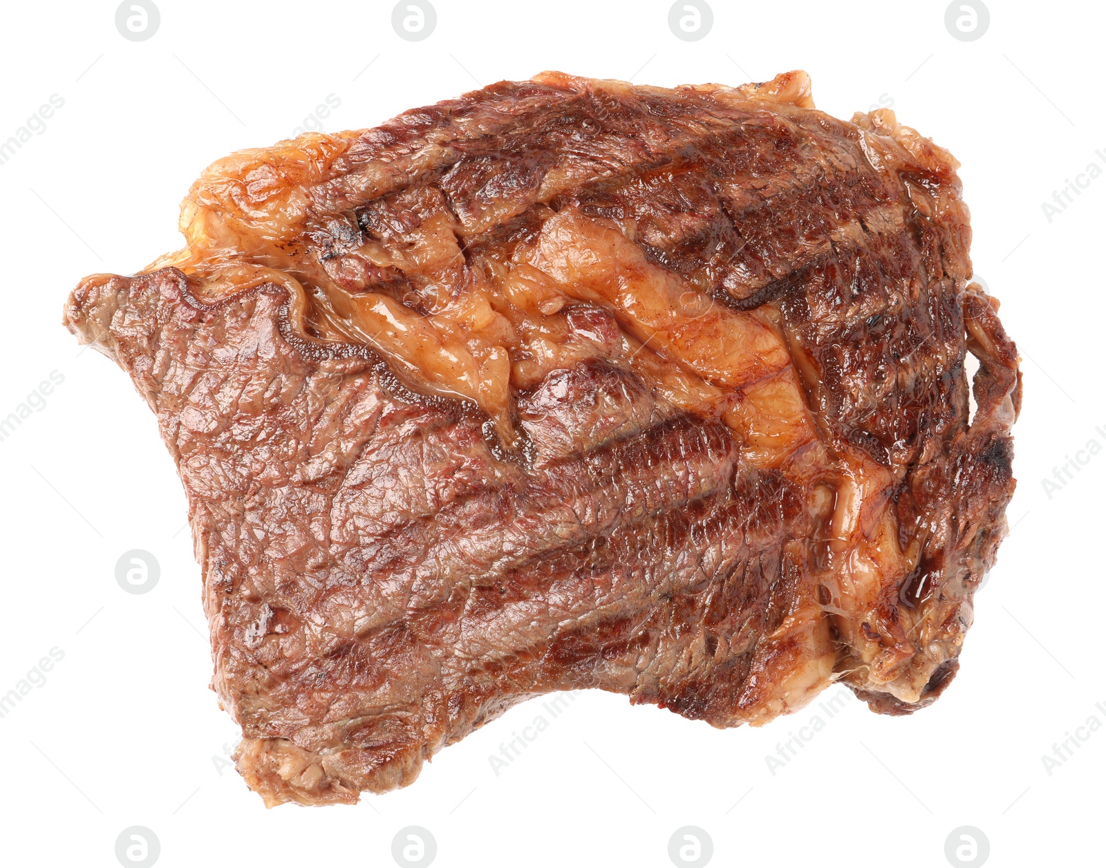 Photo of Delicious grilled beef steak isolated on white, top view