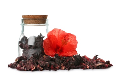 Photo of Dry hibiscus tea and beautiful flower on white background