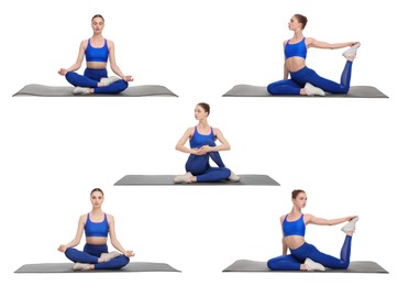 Image of Young woman practicing yoga on white background. Collage with different asanas