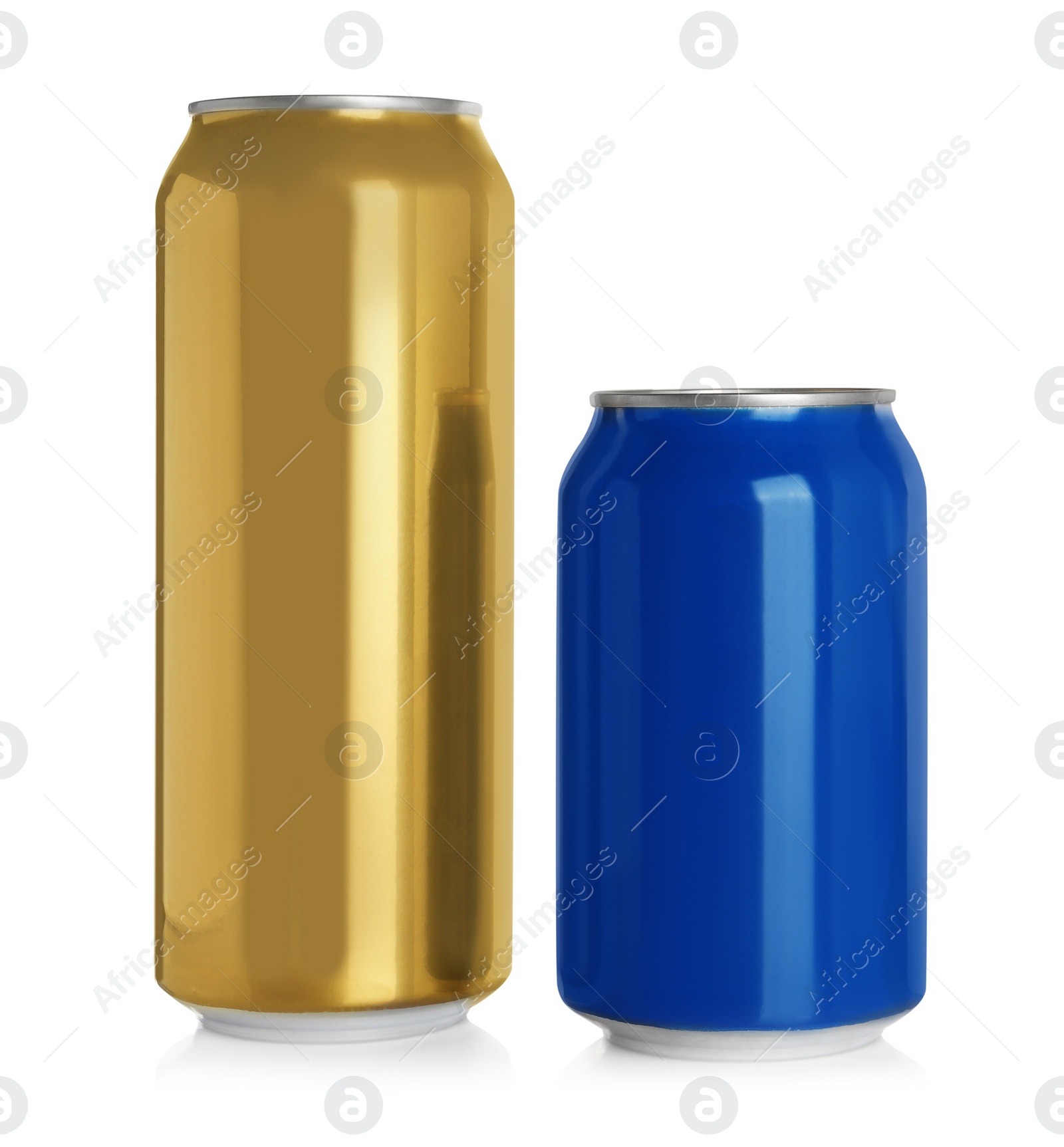 Photo of Aluminum cans with drinks on white background