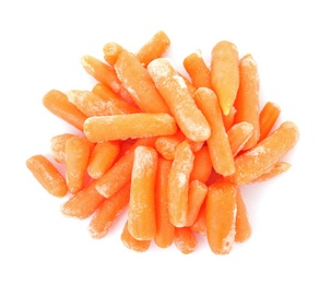 Photo of Frozen carrots on white background. Vegetable preservation