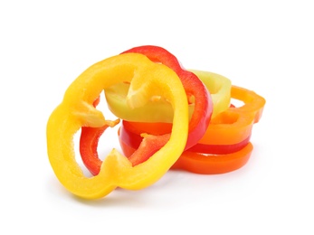 Photo of Rings of ripe bell peppers on white background