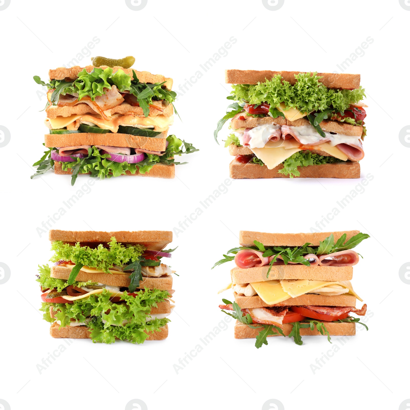 Image of Set of different yummy sandwiches on white background 