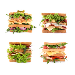Image of Set of different yummy sandwiches on white background 