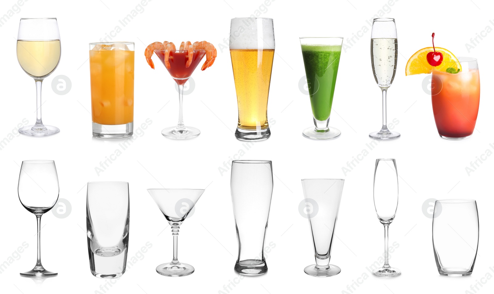 Image of Collage with full and empty glasses on white background