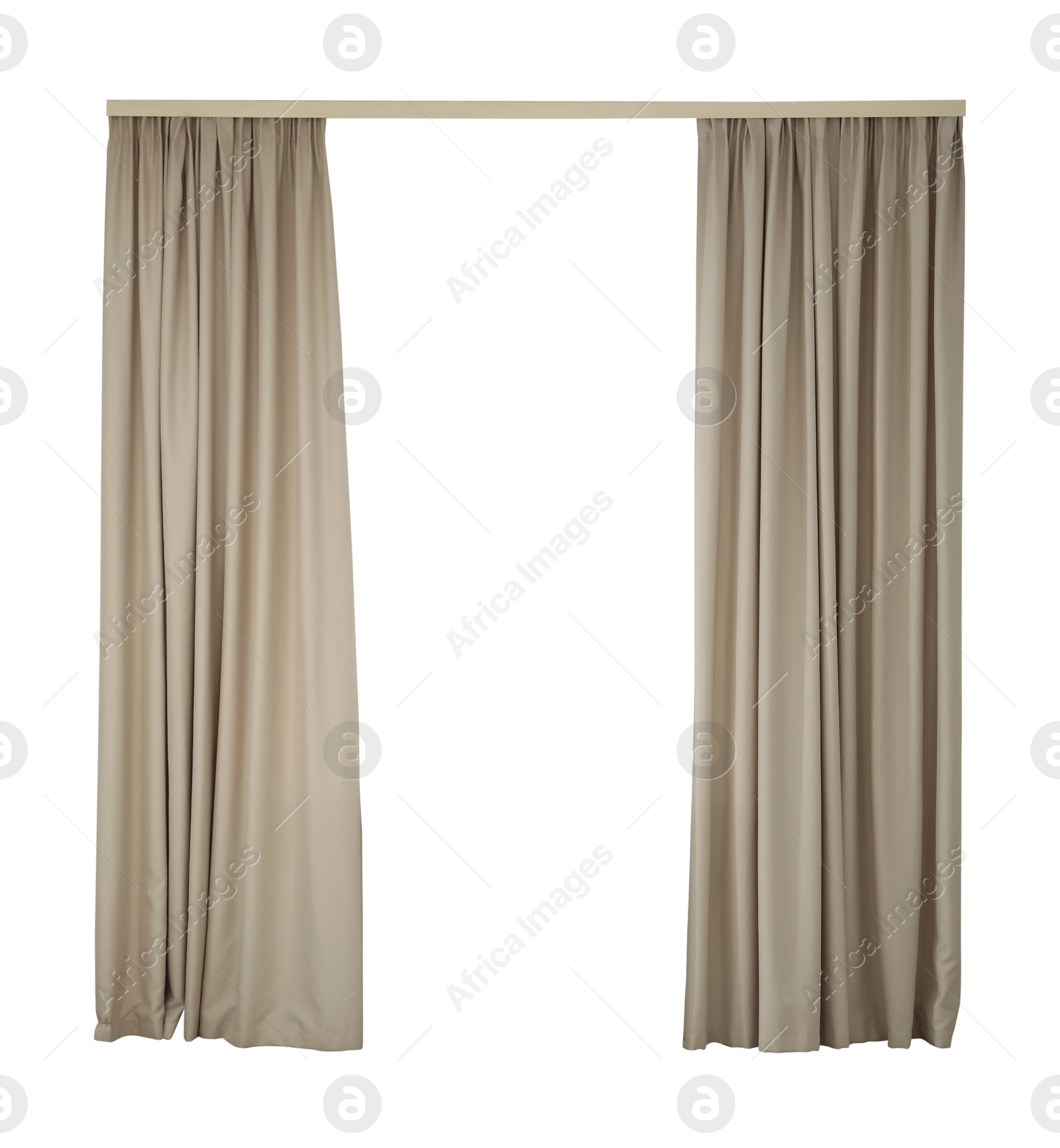 Image of Beautiful elegant beige curtains on white background