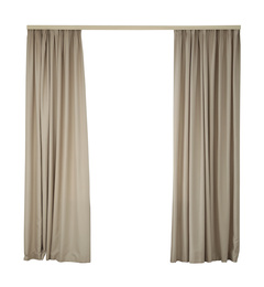 Image of Beautiful elegant beige curtains on white background