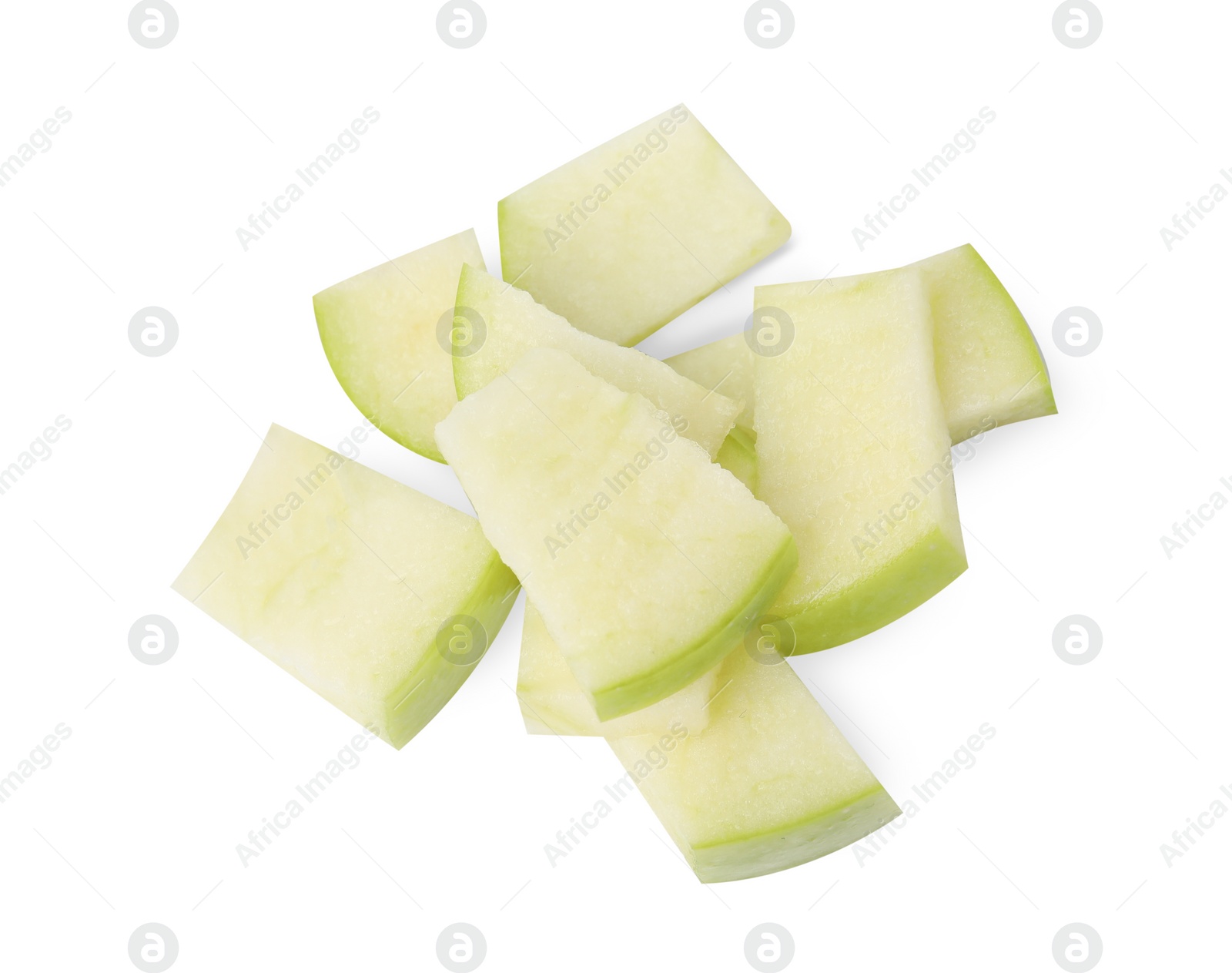 Photo of Pile of apple slices isolated on white, top view