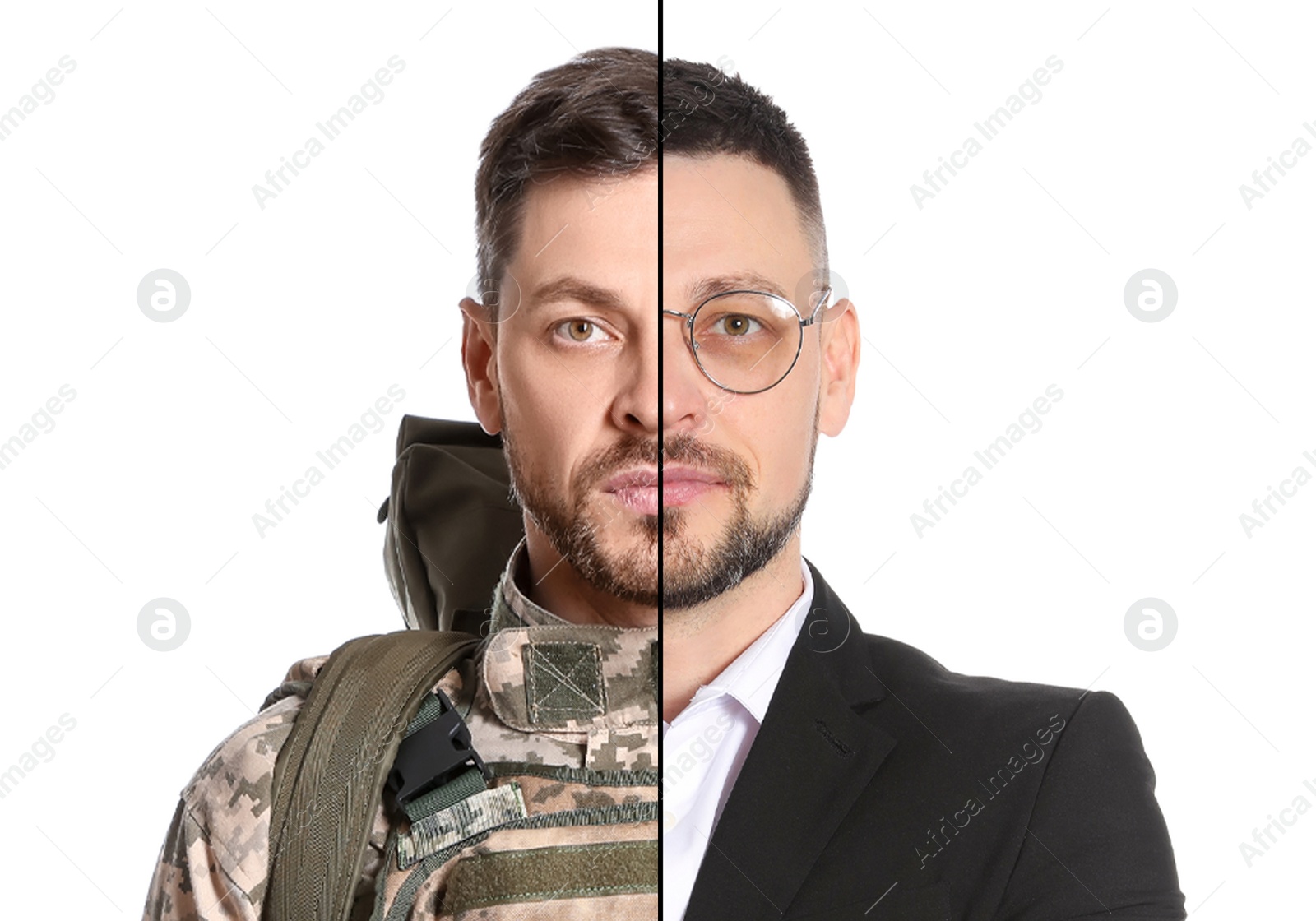 Image of Man as military and businessman isolated on white, collage dividing portrait