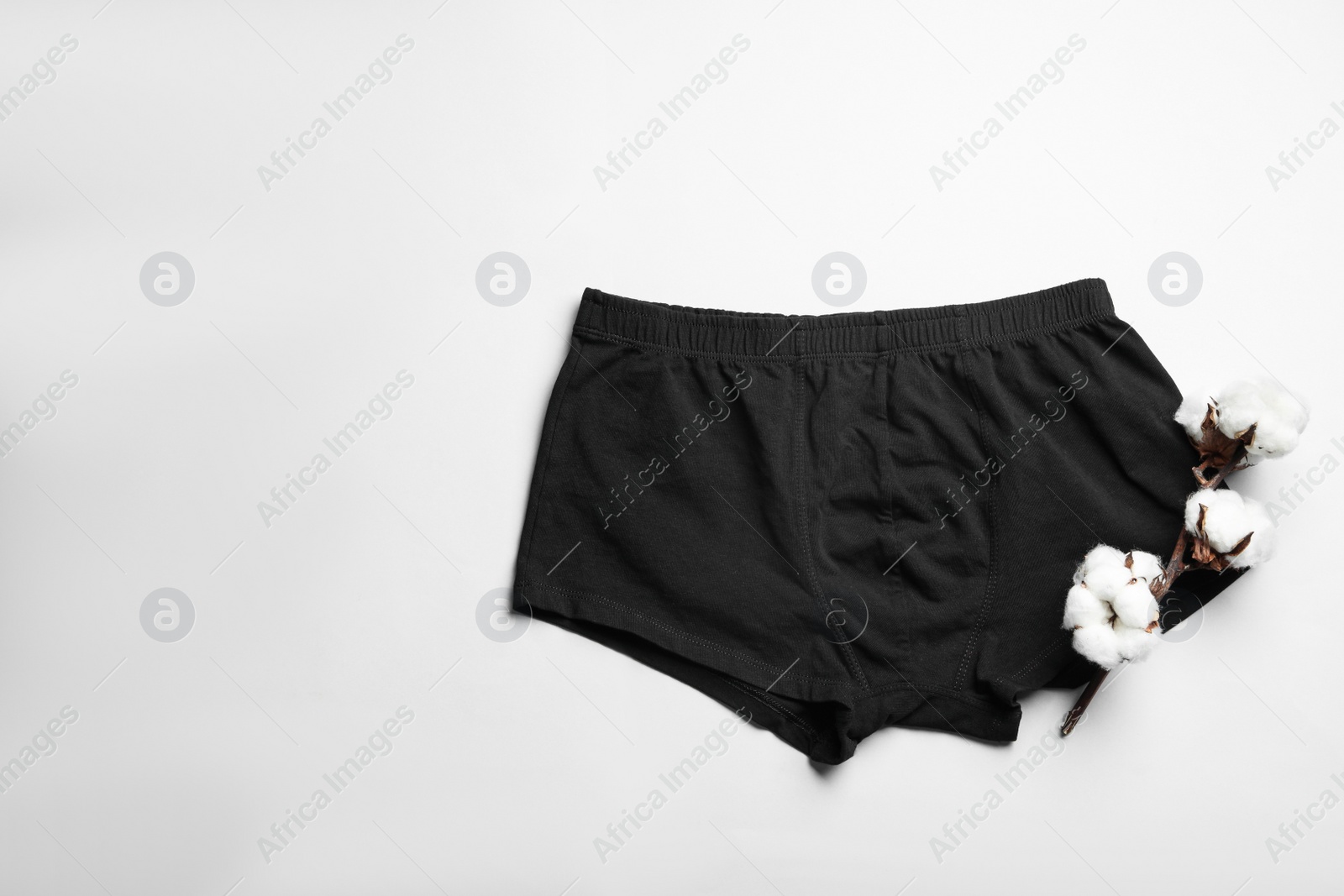 Photo of Comfortable men's underwear and cotton flowers on light background, top view