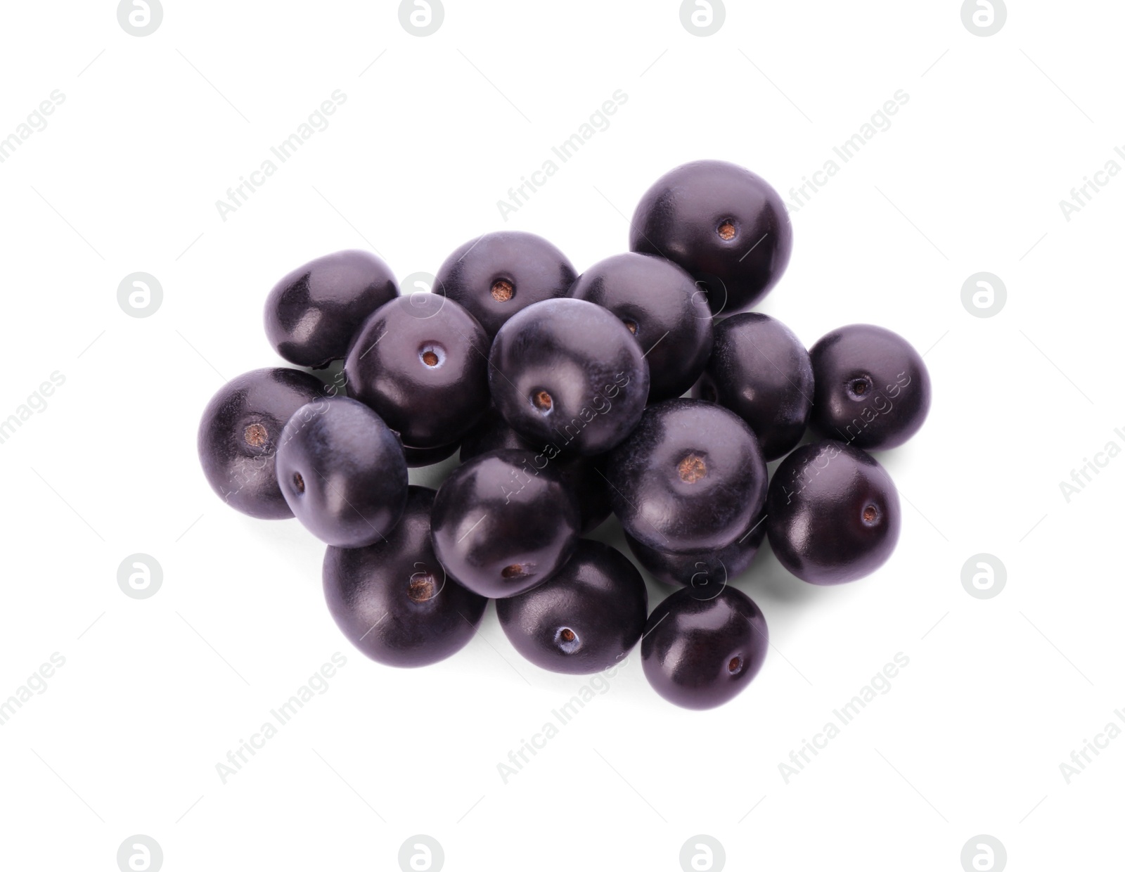 Photo of Pile of fresh acai berries isolated on white, top view