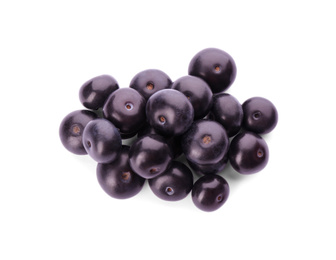 Pile of fresh acai berries isolated on white, top view