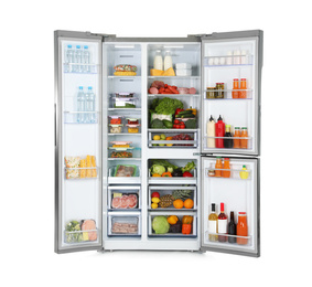 Photo of Open refrigerator full of products isolated on white