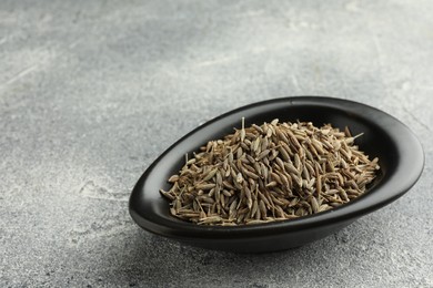 Photo of Caraway seeds in bowl on grey table, closeup