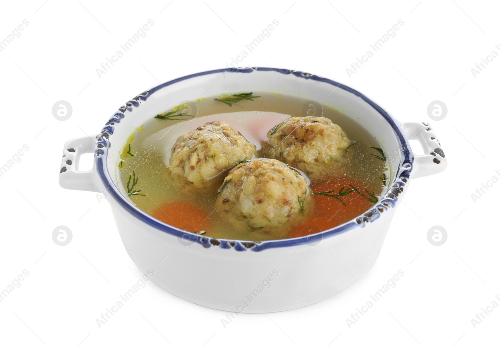 Photo of Bowl of Jewish matzoh balls soup isolated on white