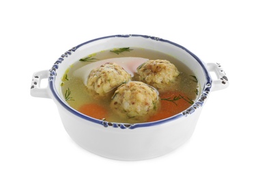 Bowl of Jewish matzoh balls soup isolated on white