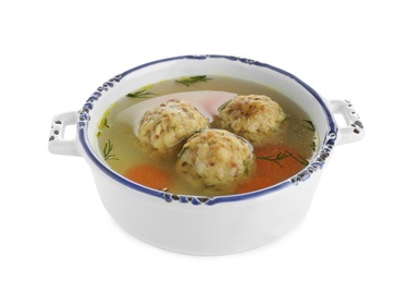 Photo of Bowl of Jewish matzoh balls soup isolated on white