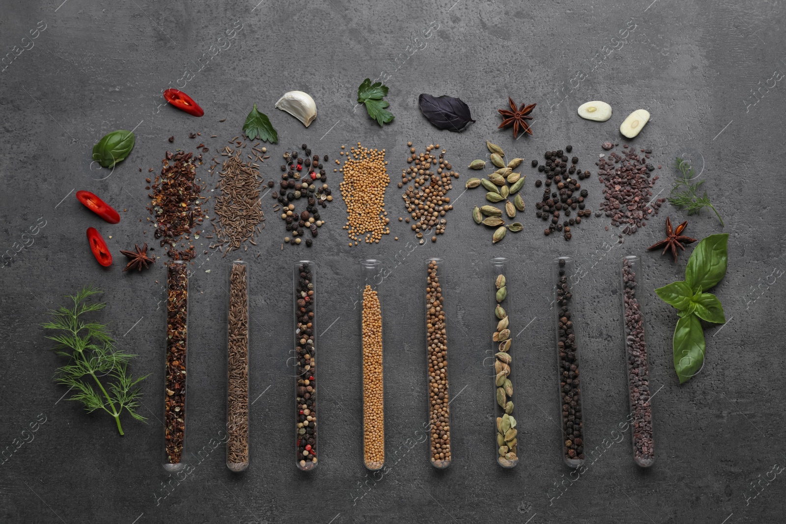 Photo of Flat lay composition with various spices, test tubes and fresh herbs on grey background