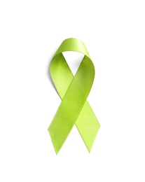 Photo of Green ribbon on white background, top view. Cancer awareness