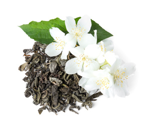 Photo of Dry green tea and fresh jasmine flowers isolated on white, top view