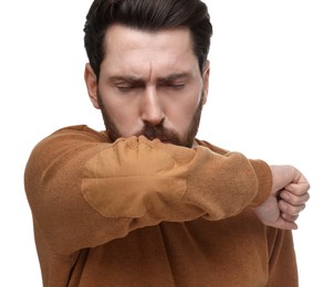 Photo of Sick man coughing into his elbow on white background. Cold symptoms