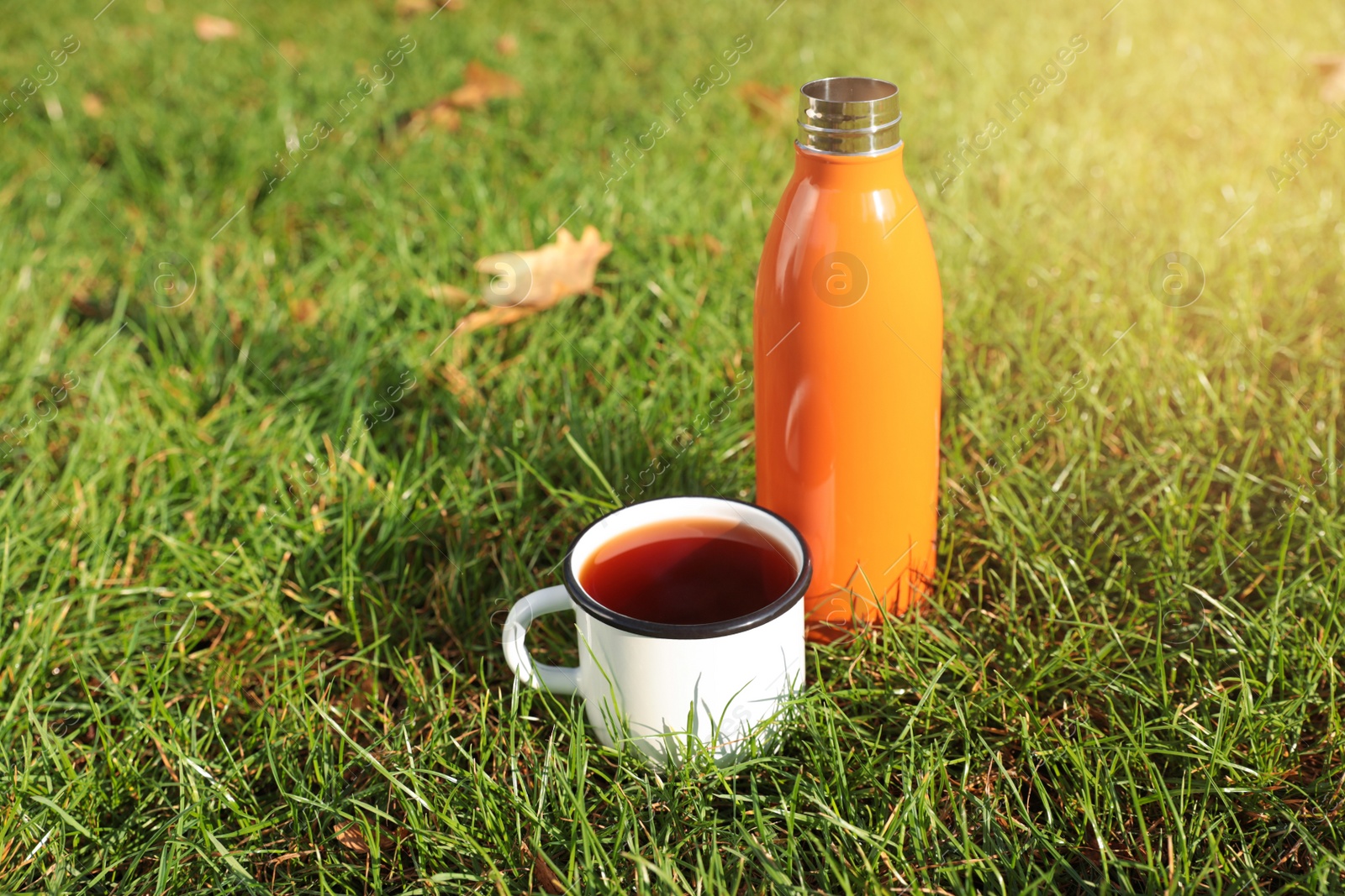 Photo of Modern orange thermos bottle and cup on green grass outdoors. Space for text
