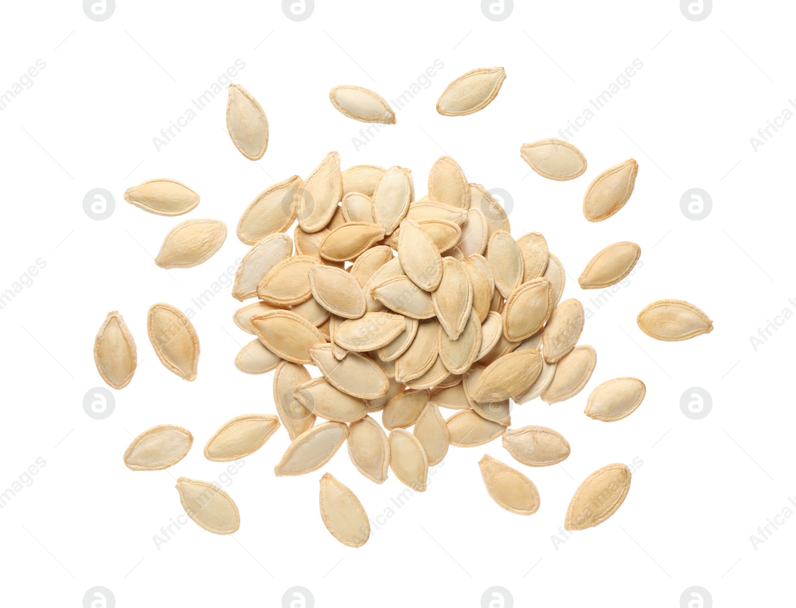 Photo of Heap of pumpkin seeds isolated on white, top view