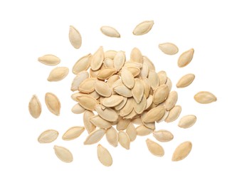 Photo of Heap of pumpkin seeds isolated on white, top view