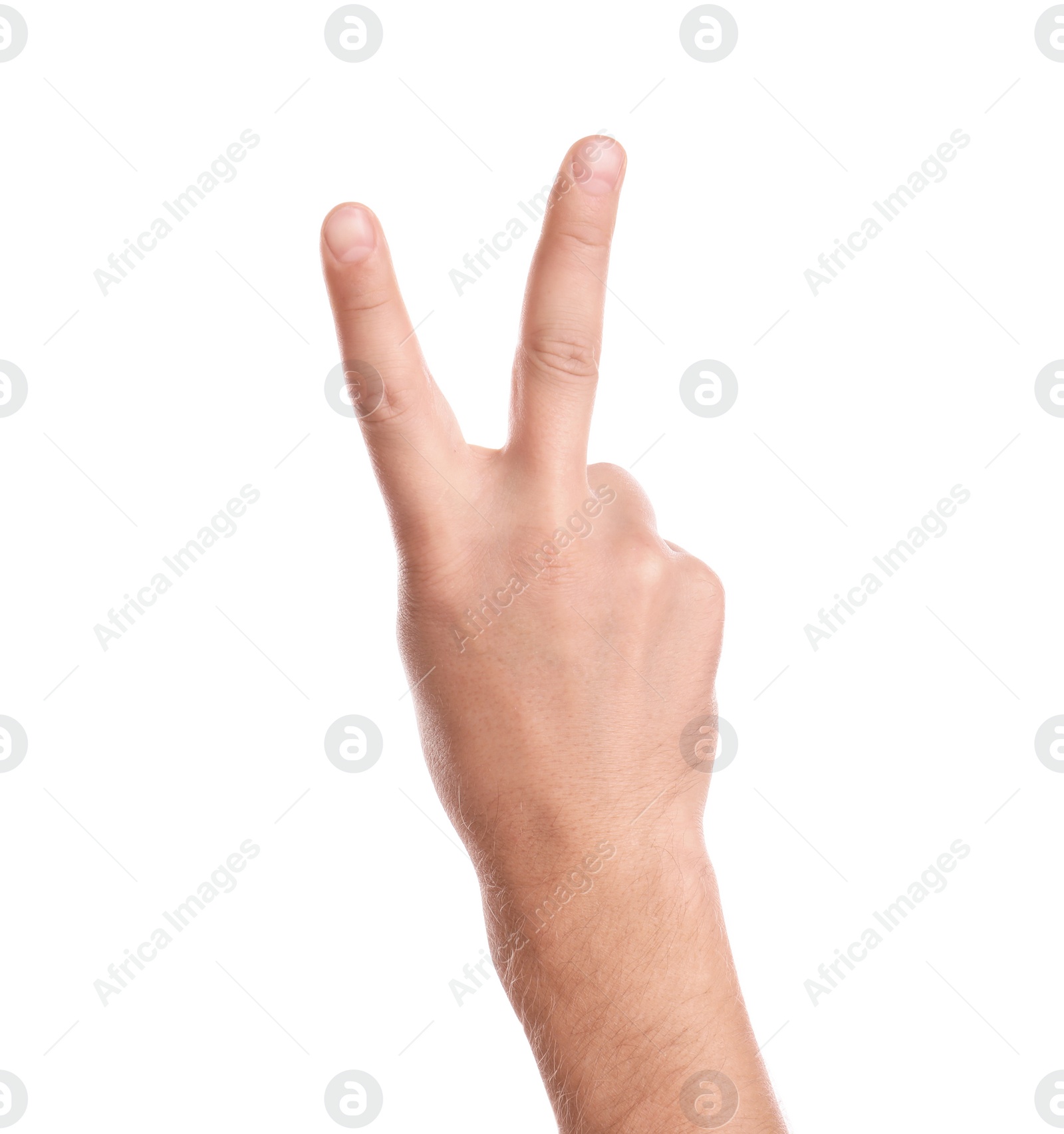 Photo of Man showing two fingers on white background, closeup of hand