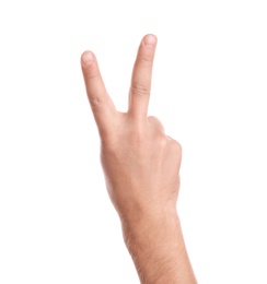 Photo of Man showing two fingers on white background, closeup of hand