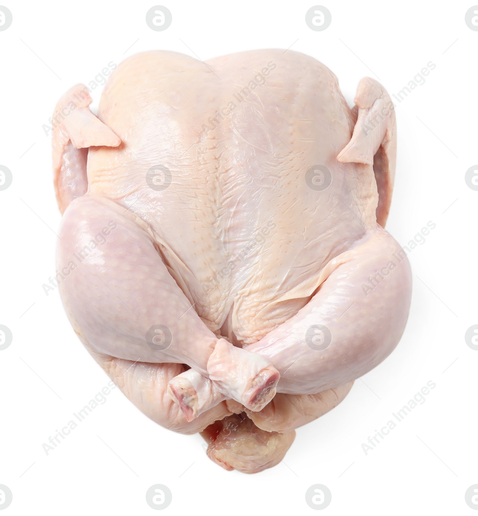 Photo of Fresh raw chicken isolated on white, top view