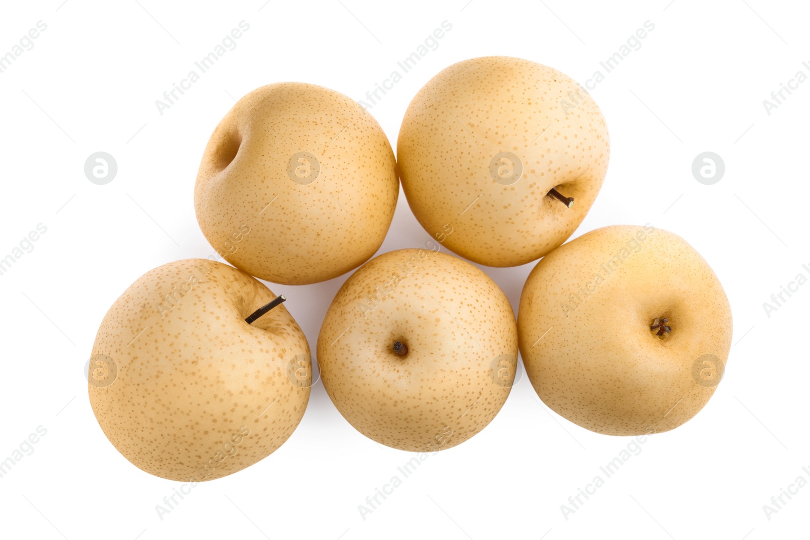 Photo of Fresh ripe apple pears on white background, top view