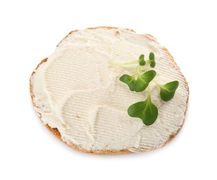 Delicious sandwich with cream cheese and microgreen isolated on white, top view