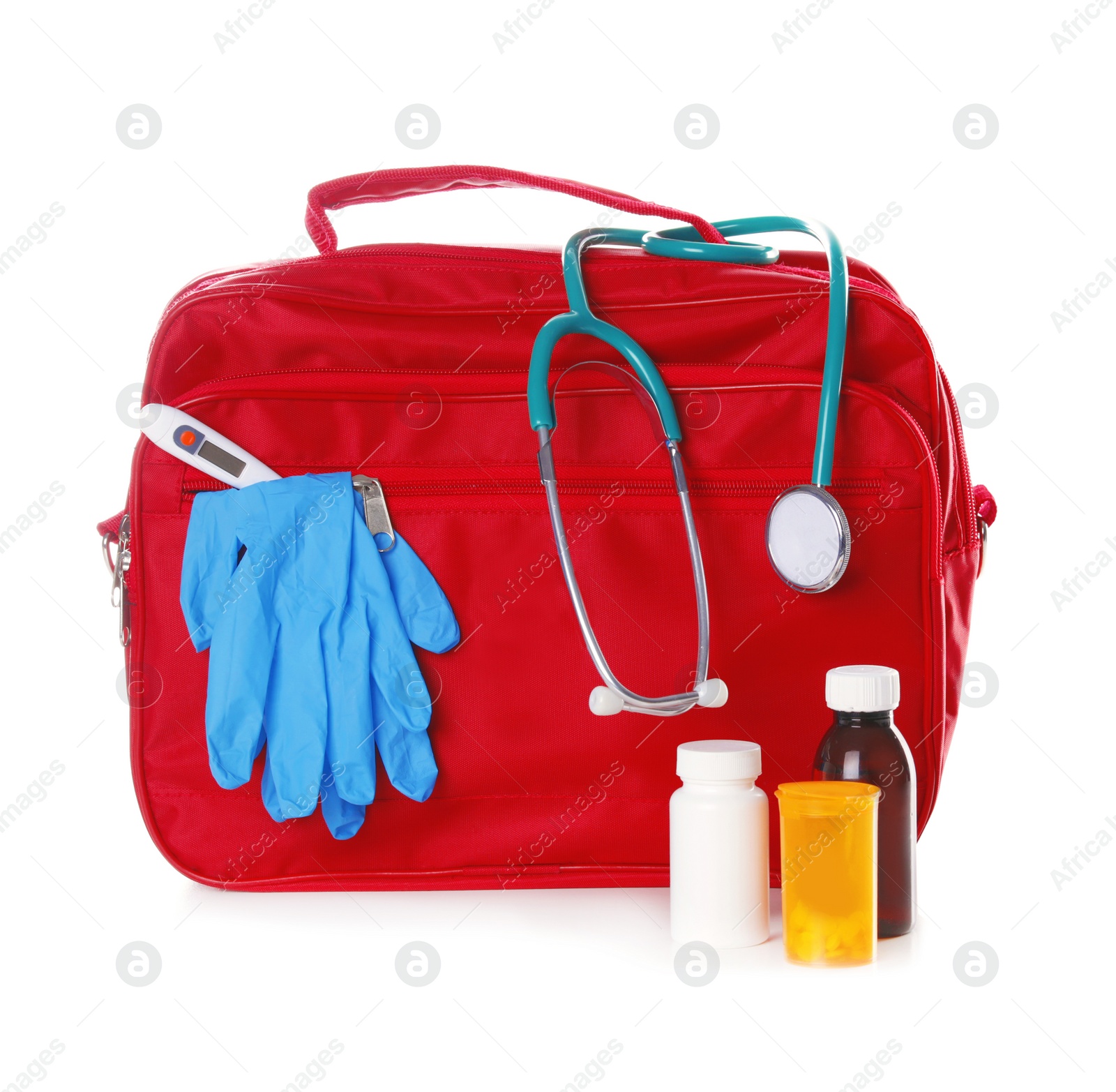 Photo of First aid kit on white background. Health care