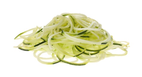 Photo of Delicious fresh zucchini pasta on white background