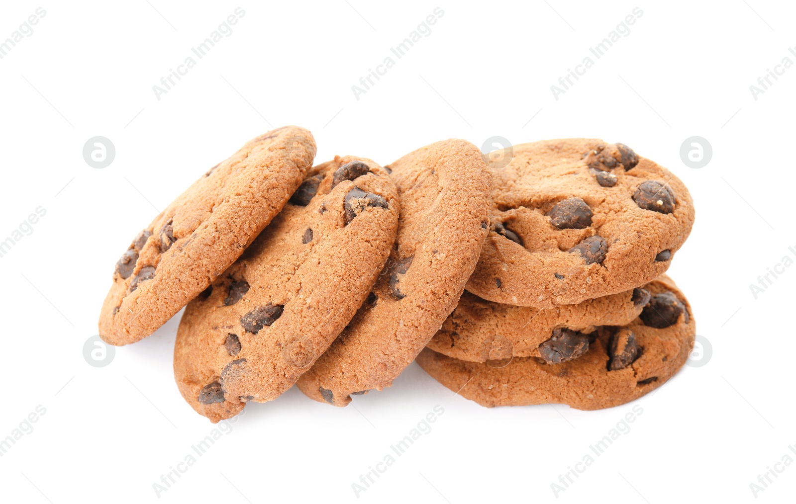 Photo of Pile of tasty chocolate chip cookies on white background