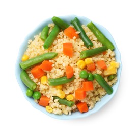 Delicious bulgur with vegetables in bowl isolated on white, top view