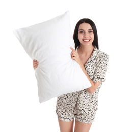 Photo of Young woman with pillow on white background