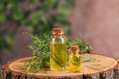 Bottles of essential oil and fresh tarragon leaves on wooden stump