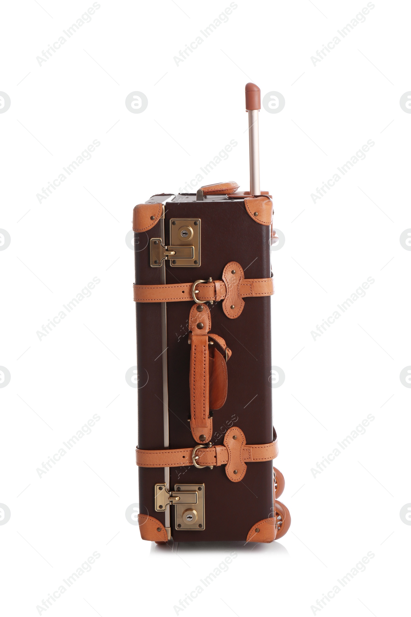 Photo of Fashionable brown suitcase on white background