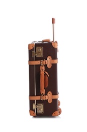 Fashionable brown suitcase on white background