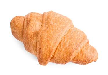 Photo of Tasty fresh croissant isolated on white, top view