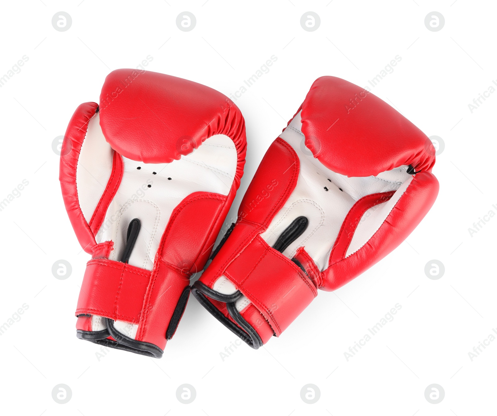 Photo of Boxing gloves isolated on white, top view. Sport equipment