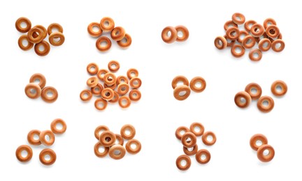 Image of Collage with delicious Sushki (dry bagels) on white background, top view