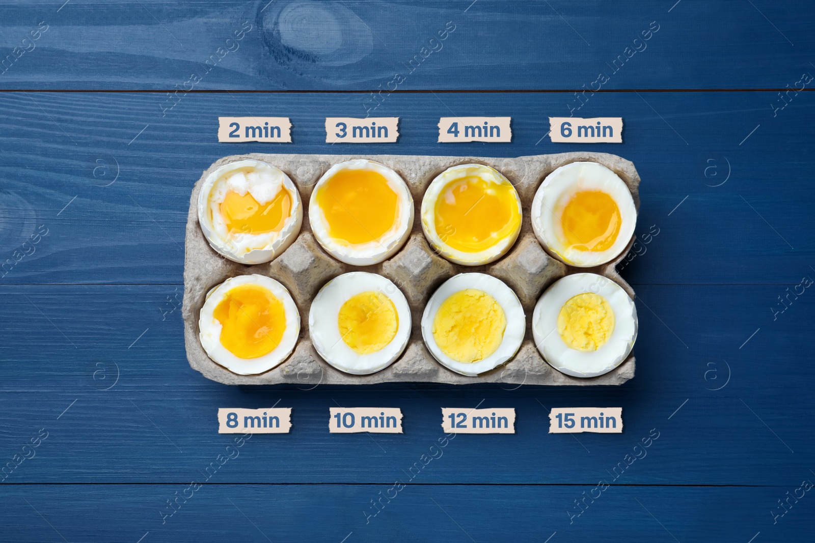 Image of Boiled chicken eggs of different readiness stages in carton on blue wooden table, top view