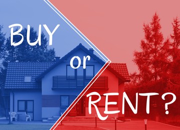 Image of Buy or Rent? Big beautiful house outdoors, toned in red and blue