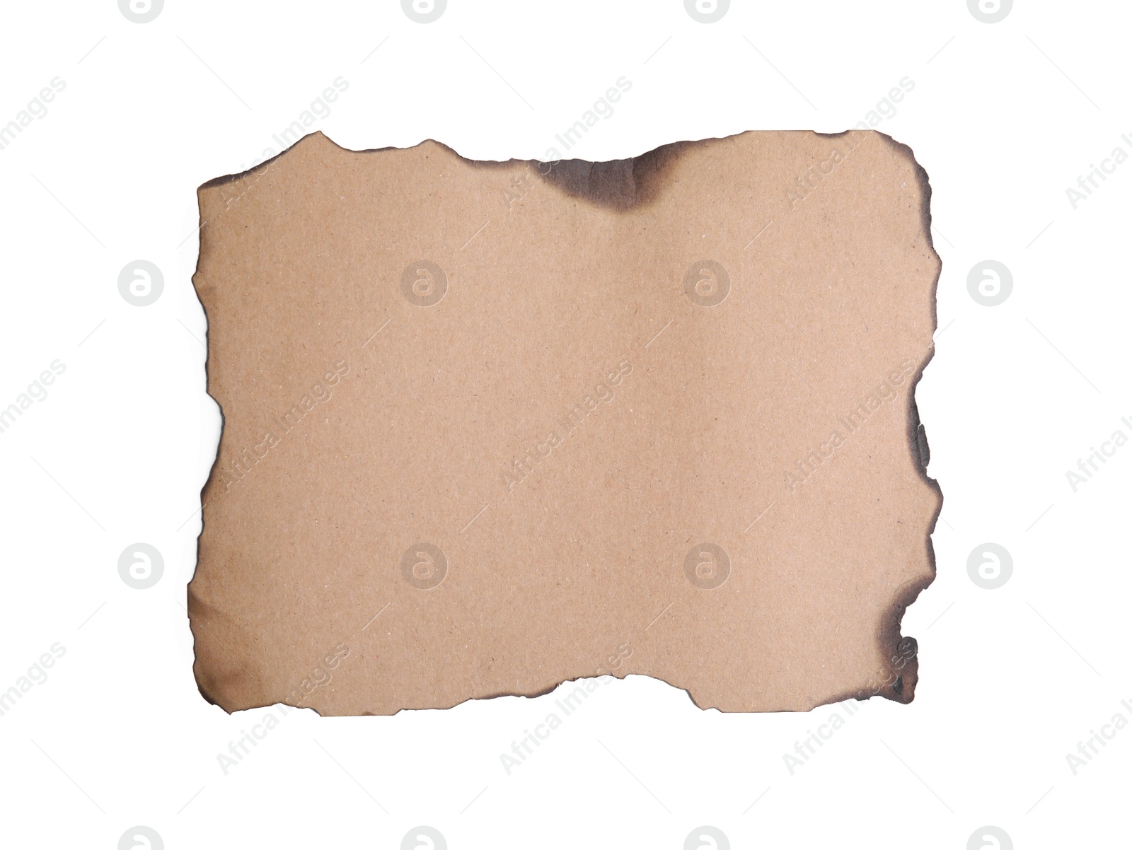 Photo of Piece of brown paper with dark burnt borders isolated on white, top view. Space for text