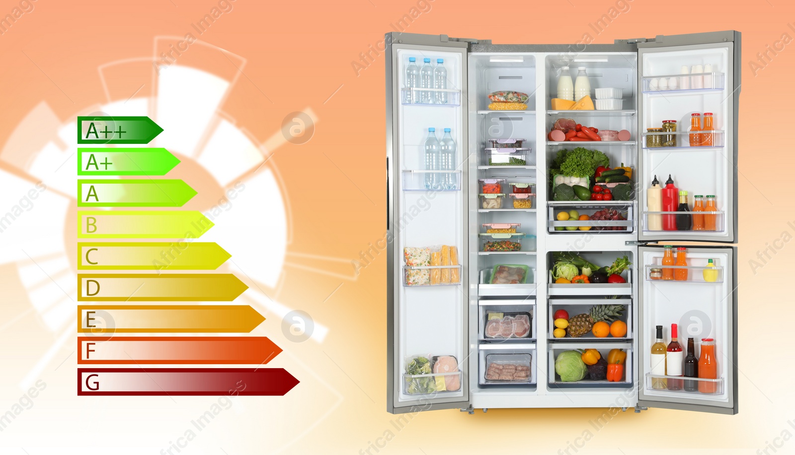 Image of Energy efficiency rating label and open refrigerator on gradient color background, banner design