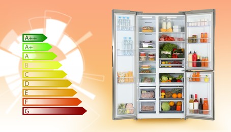 Image of Energy efficiency rating label and open refrigerator on gradient color background, banner design